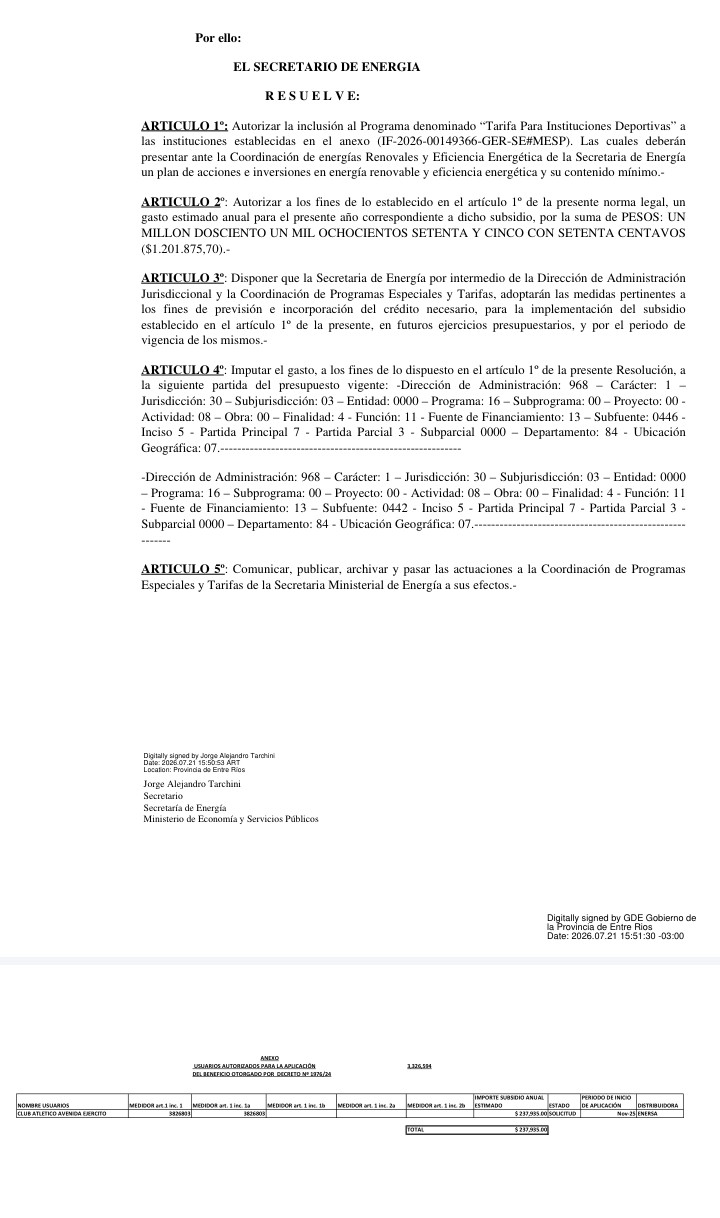 ENERSA: un año demoro el trámite ¿Un subsidio para un tercero a nombre del Club Avenida Ejercito?